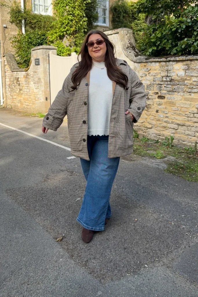 Houndstooth Jacket Over Sweater And Jeans Houndstooth Jacket Over Sweater And Jeans — Simple Outfits for Curvy