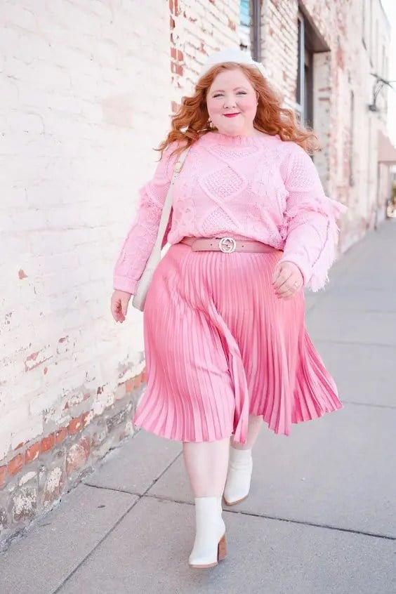 Cable Knit Sweater With Satin Pleated Midi Skirt Cable Knit Sweater With Satin Pleated Midi Skirt — Simple Outfits for Curvy