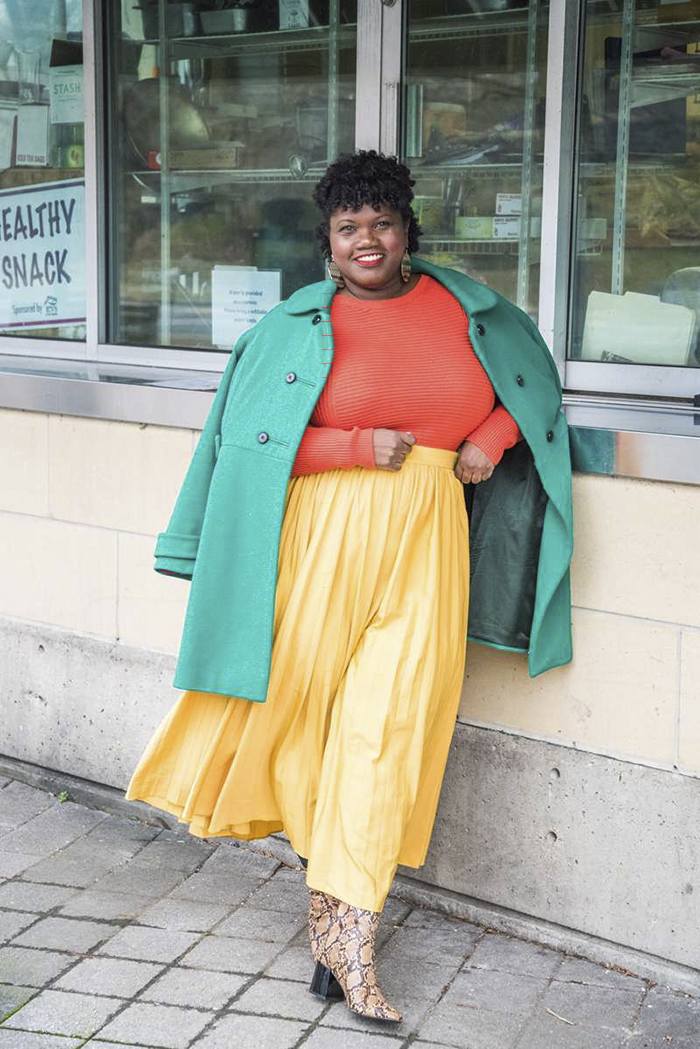 Teal Coat Over Sweater And Flowing Skirt Teal Coat Over Sweater And Flowing Skirt — Simple Outfits for Curvy