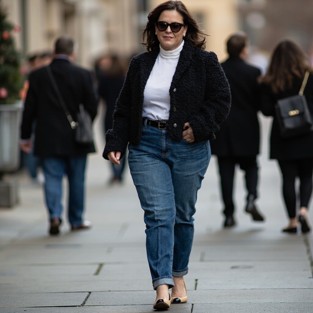 Textured Jacket Over Turtleneck And Straight-Leg Jeans Textured Jacket Over Turtleneck And Straight-Leg Jeans — Simple Outfits for Curvy