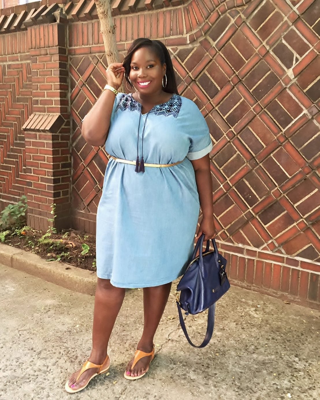 Embellished Denim A-Line Dress With Belt Embellished Denim A-Line Dress With Belt — Simple Outfits for Curvy