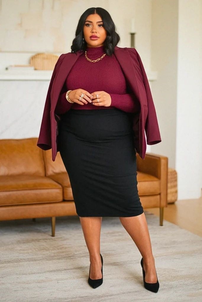 Burgundy Blazer With Turtleneck And Pencil Skirt Burgundy Blazer With Turtleneck And Pencil Skirt — Simple Outfits for Curvy