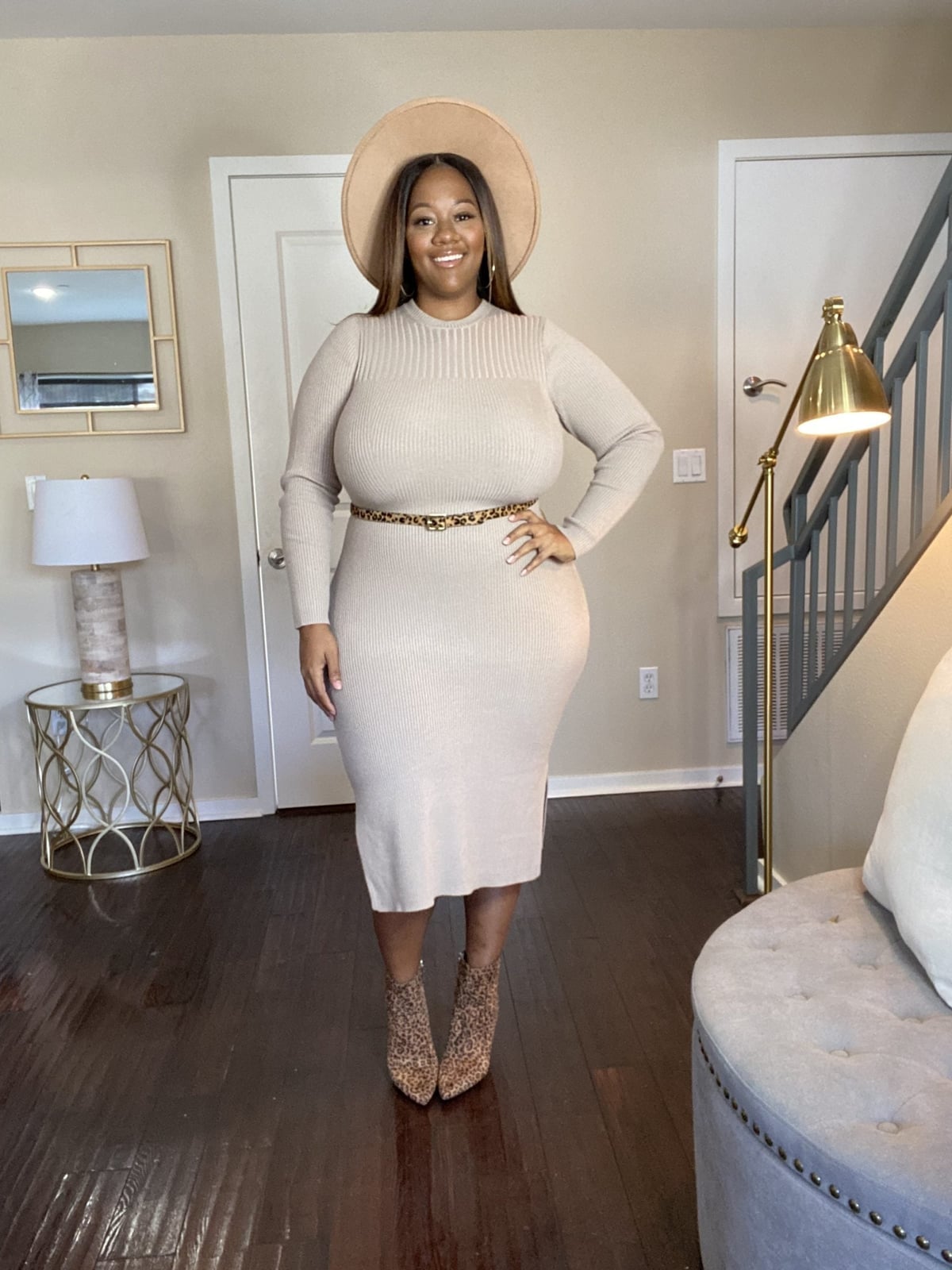 Ribbed Knit Midi Dress With Leopard Print Accessories Ribbed Knit Midi Dress With Leopard Print Accessories — Simple Outfits for Curvy