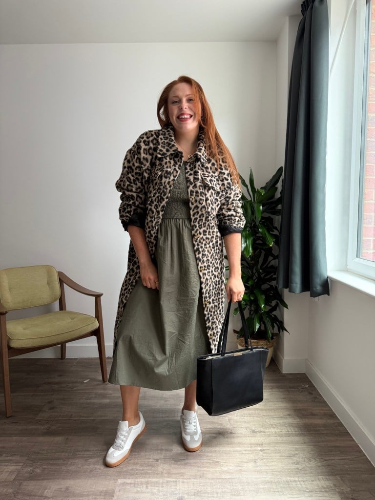 Leopard Print Coat Over Olive Green Midi Dress Leopard Print Coat Over Olive Green Midi Dress — Simple Outfits for Curvy