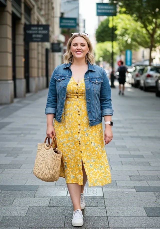 Yellow Floral Dress With Denim Jacket Yellow Floral Dress With Denim Jacket — Simple Outfits for Curvy