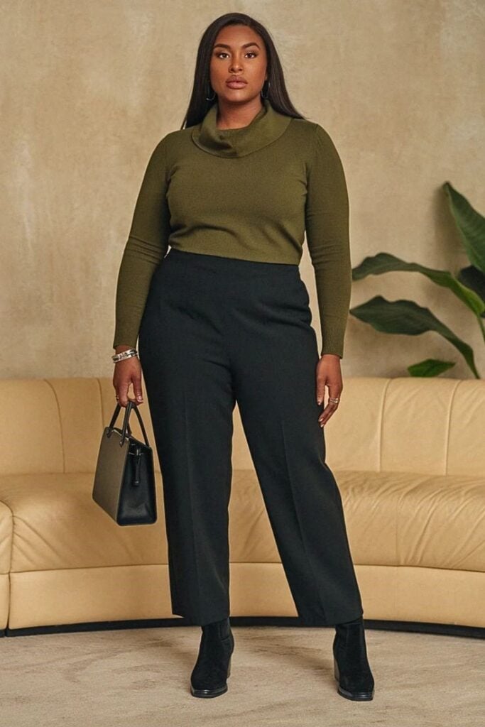 Cowl Neck Sweater With High-Waisted Trousers Cowl Neck Sweater With High-Waisted Trousers — Simple Outfits for Curvy