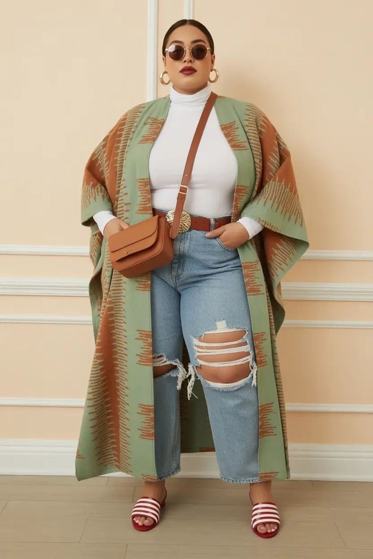 Patterned Kimono Over White Turtleneck And Jeans Patterned Kimono Over White Turtleneck And Jeans — Simple Outfits for Curvy