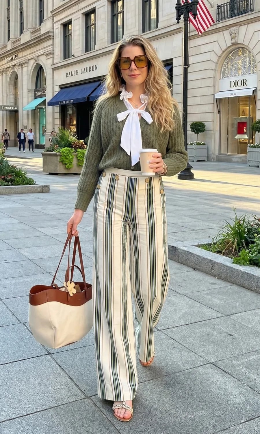 Striped Palazzo Pants with Green Sweater and Orange Sandals Striped Palazzo Pants with Green Sweater and Orange Sandals — Simple Palazzo Pants Outfits