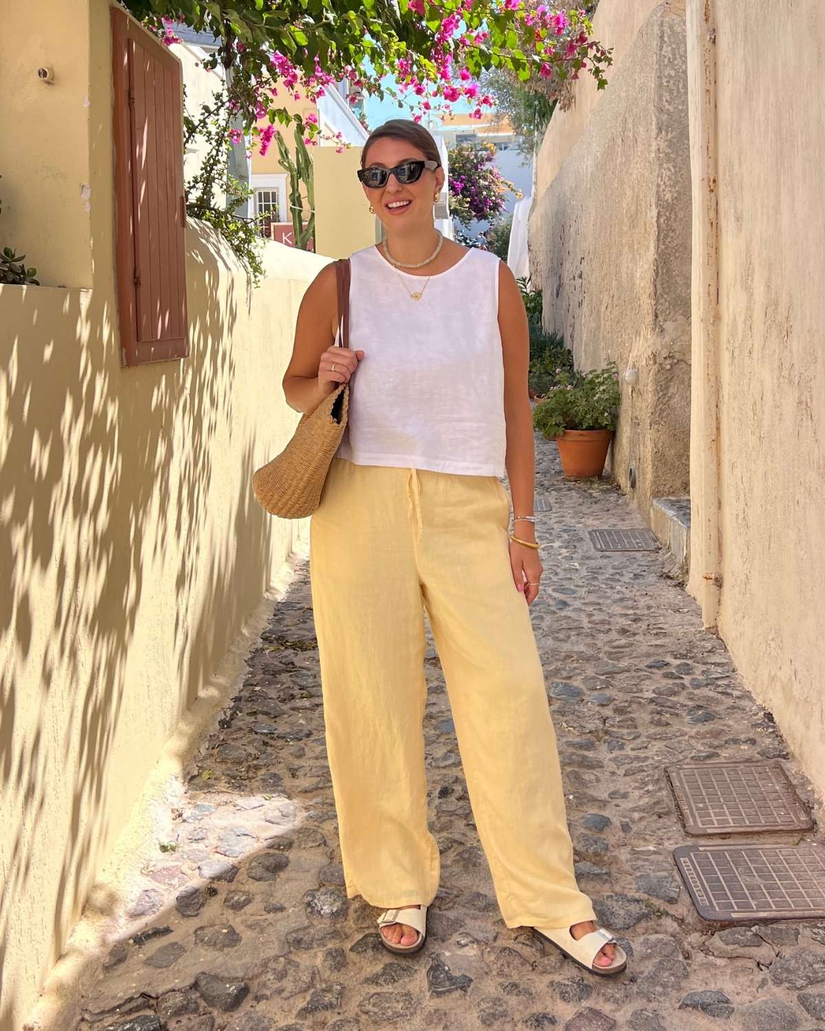 Pale Yellow Palazzo Pants with White Top and Straw Tote Pale Yellow Palazzo Pants with White Top and Straw Tote — Simple Palazzo Pants Outfits
