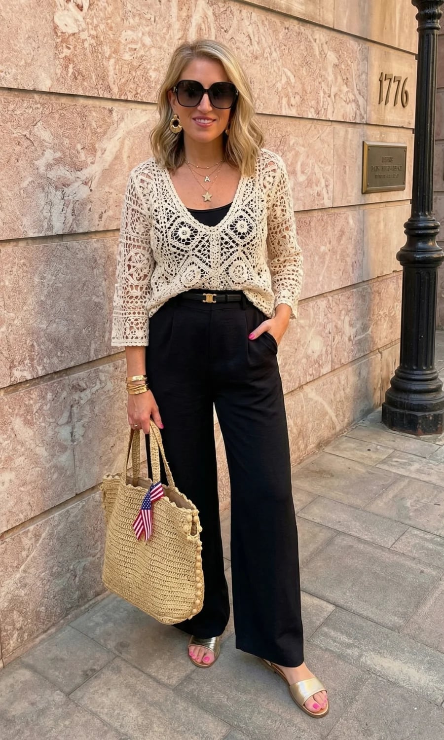Black Palazzo Pants with Crochet Top and Gold Sandals Black Palazzo Pants with Crochet Top and Gold Sandals — Simple Palazzo Pants Outfits