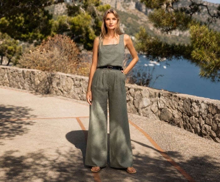 Olive Green Linen Set with Palazzo Pants and Crop Top Olive Green Linen Set with Palazzo Pants and Crop Top — Simple Palazzo Pants Outfits