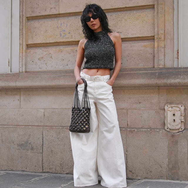 White Denim Palazzo Pants with Sparkly Halter Top White Denim Palazzo Pants with Sparkly Halter Top — Simple Palazzo Pants Outfits