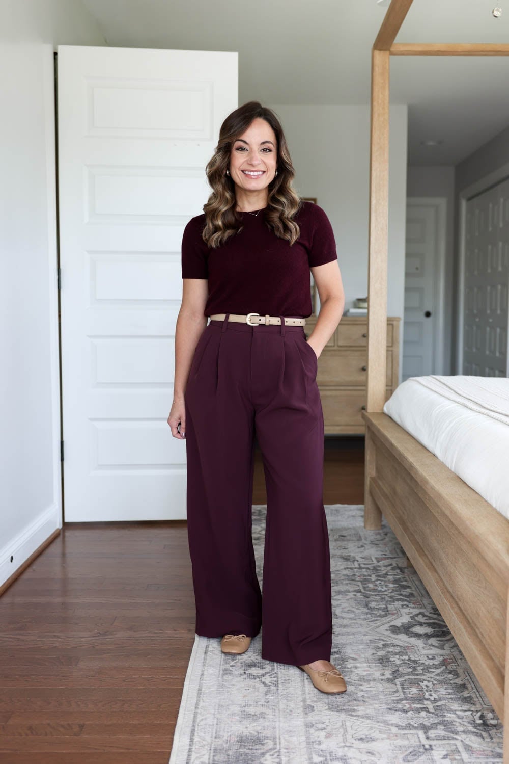 Burgundy Palazzo Pants with Matching Knit Top and Ballet Flats Burgundy Palazzo Pants with Matching Knit Top and Ballet Flats — Simple Palazzo Pants Outfits