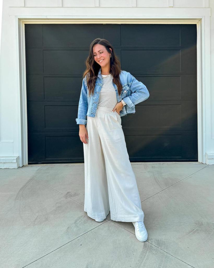 Beige Palazzo Pants with Striped T-Shirt and Denim Jacket Beige Palazzo Pants with Striped T-Shirt and Denim Jacket — Simple Palazzo Pants Outfits