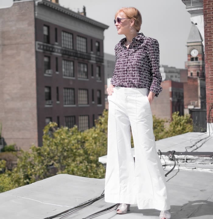 White Wide-Leg Palazzo Pants with Patterned Shirt and Silver Heels White Wide-Leg Palazzo Pants with Patterned Shirt and Silver Heels — Simple Palazzo Pants Outfits