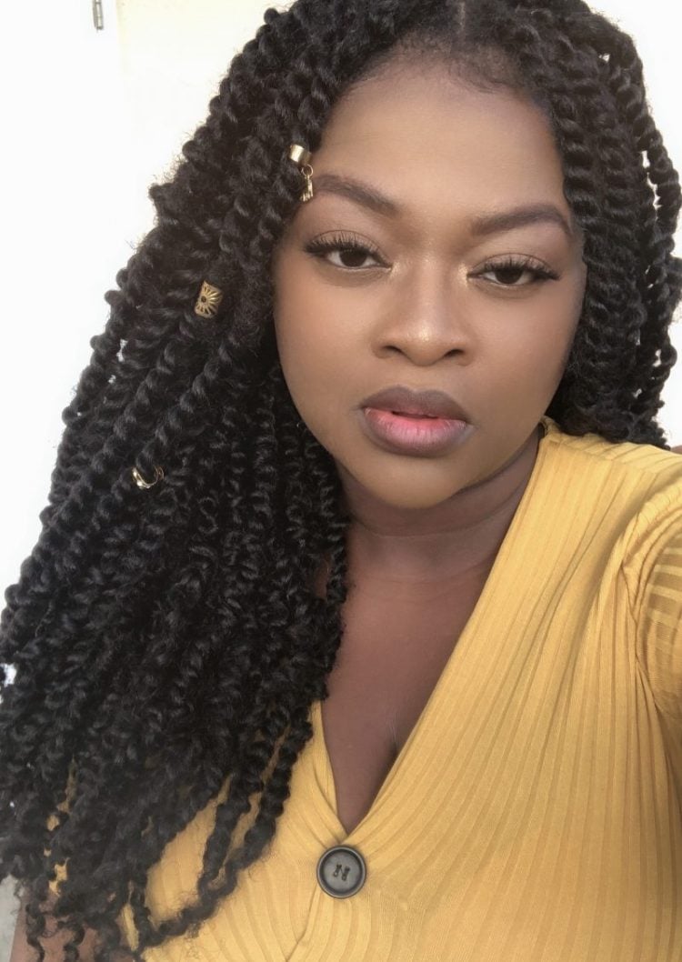 Shoulder Length Black Passion Twists With Cuffs, Wavy — Simple Passion Twists Hairstyles