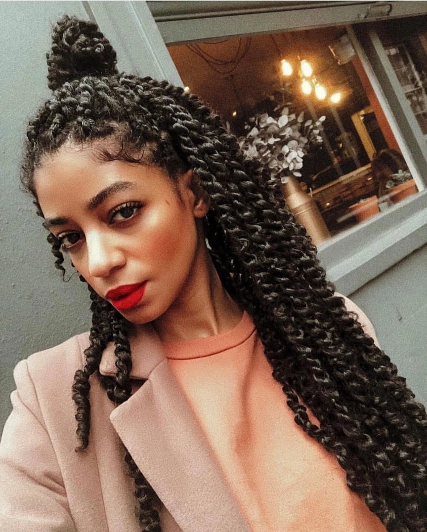 Mid-Back Black Passion Twists With Gold Beads, Close-Up Take — Simple Passion Twists Hairstyles