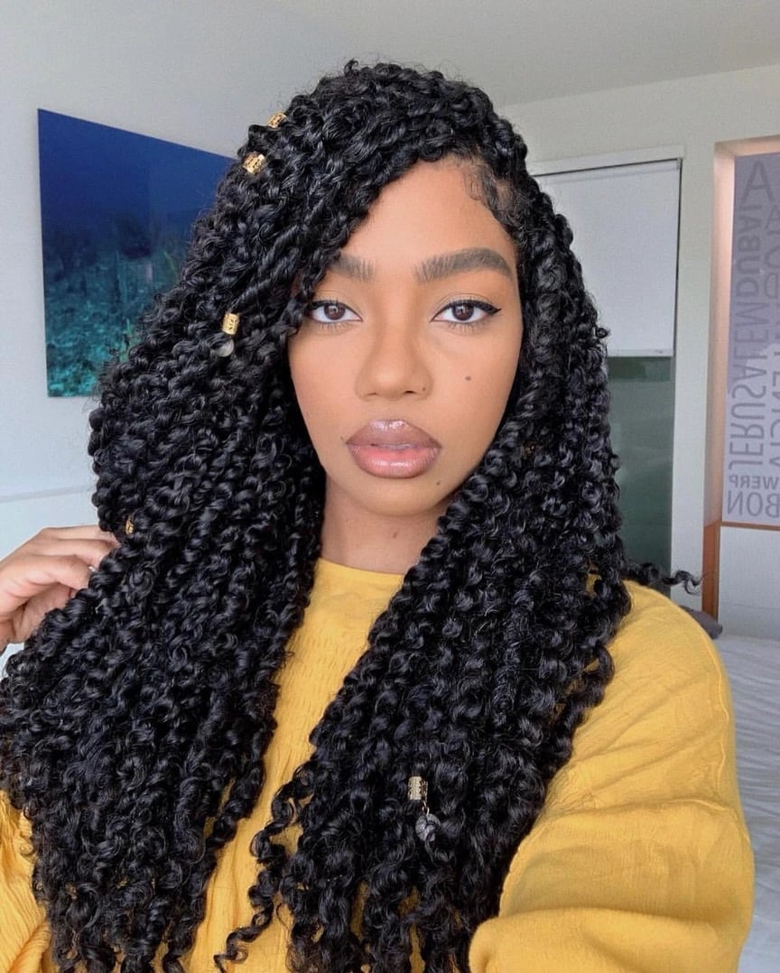Mid-Back Black Passion Twists With Gold Beads — Simple Passion Twists Hairstyles