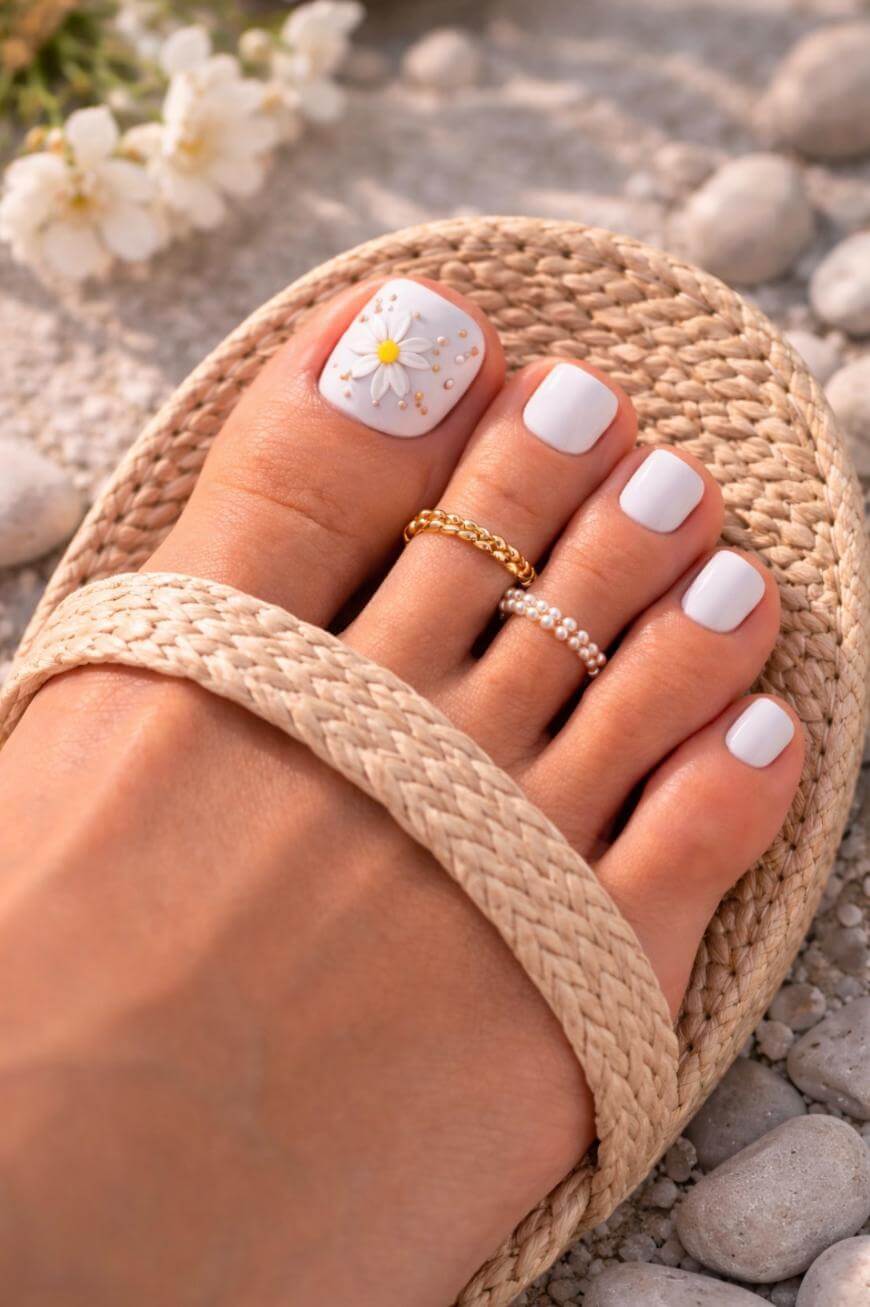 White Daisy With Rhinestone Pedicure White Daisy With Rhinestone Pedicure — Simple Pedicure Nails