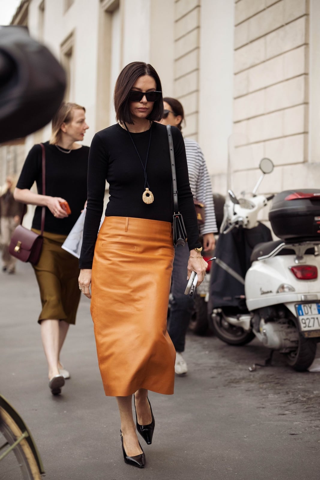Burnt Orange Leather Skirt With Black Top — Simple Pencil Skirt Outfits