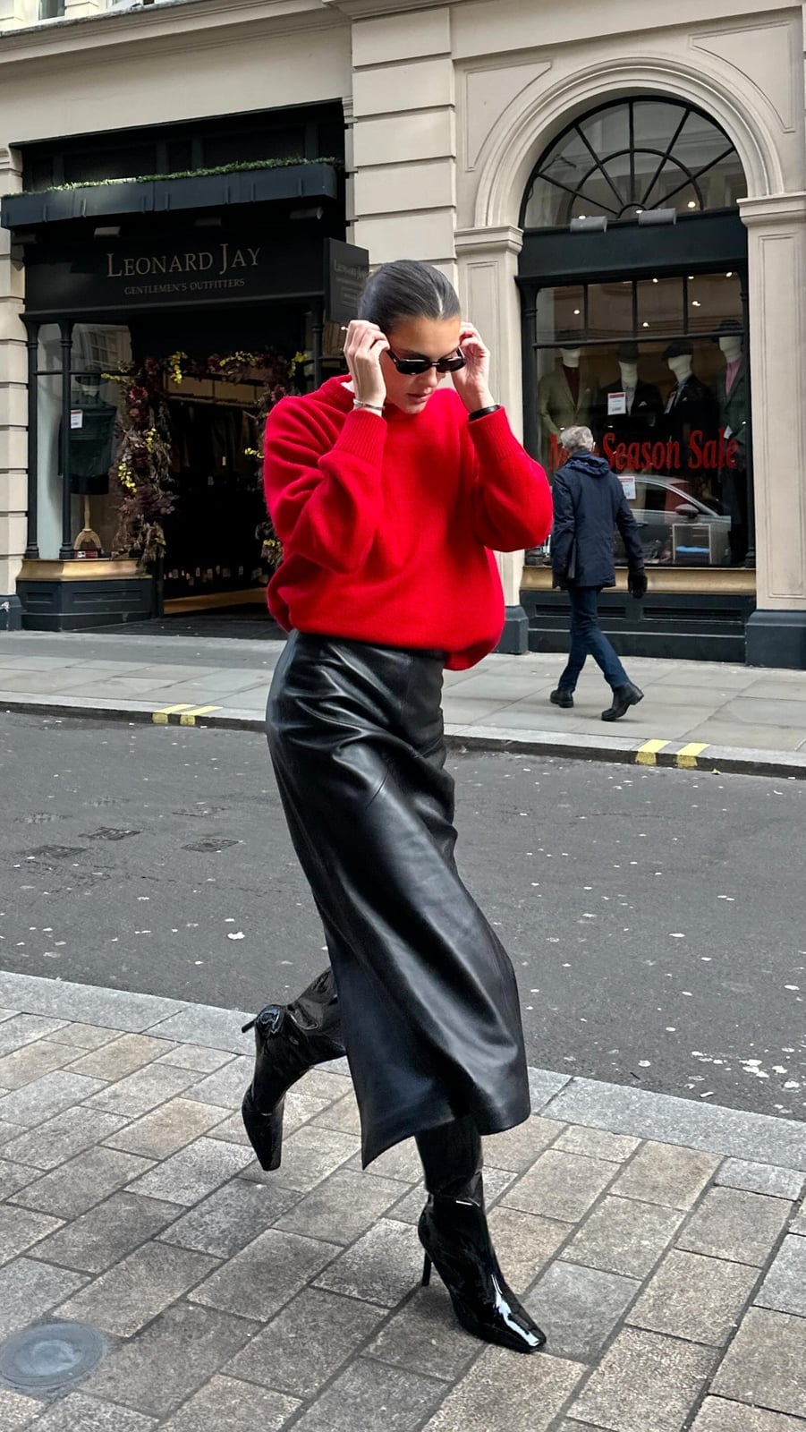 Black Leather Skirt With Red Sweater, Close-Up Take — Simple Pencil Skirt Outfits