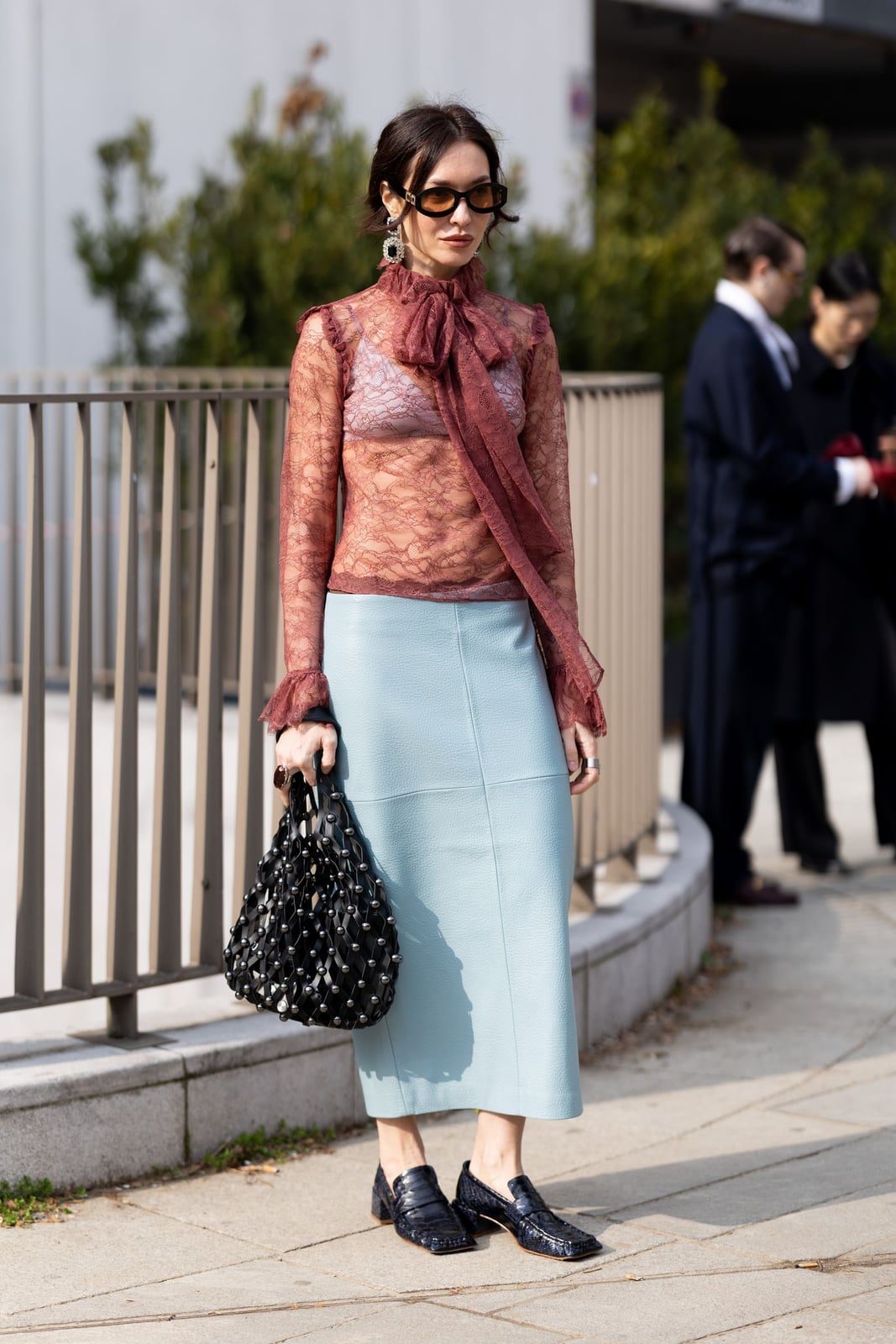 Light Blue Leather Skirt With Lace Top — Simple Pencil Skirt Outfits
