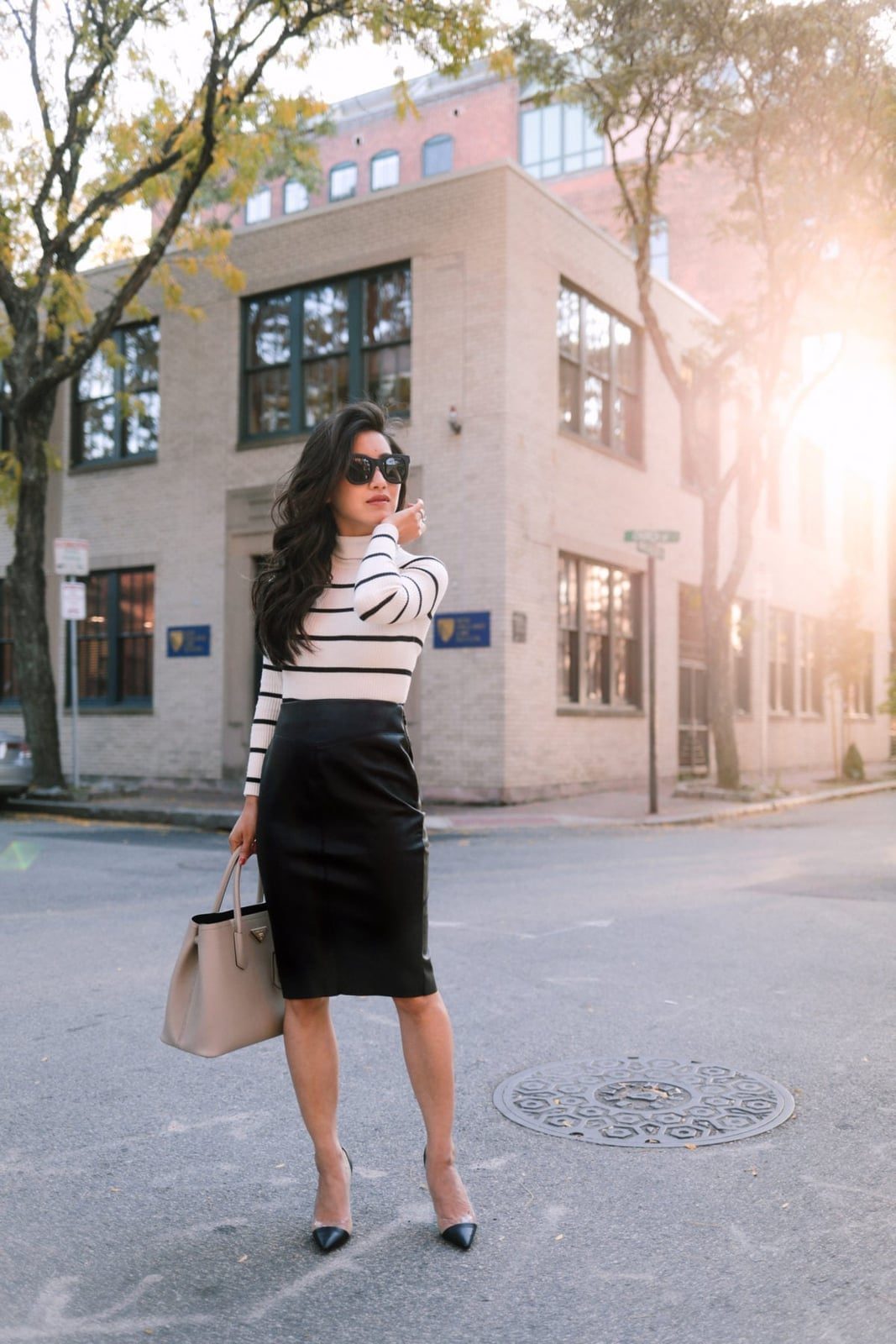 Black Leather Skirt With Striped Turtleneck — Simple Pencil Skirt Outfits