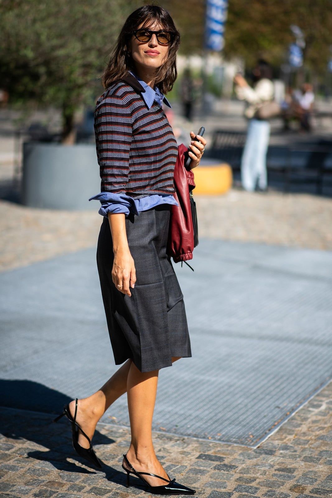 Charcoal Pencil Skirt With Blue Shirt and Striped Sweater — Simple Pencil Skirt Outfits