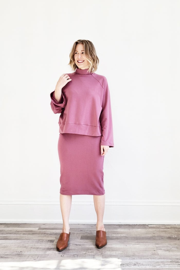 Mauve Knit Pencil Skirt With Matching Sweatshirt — Simple Pencil Skirt Outfits