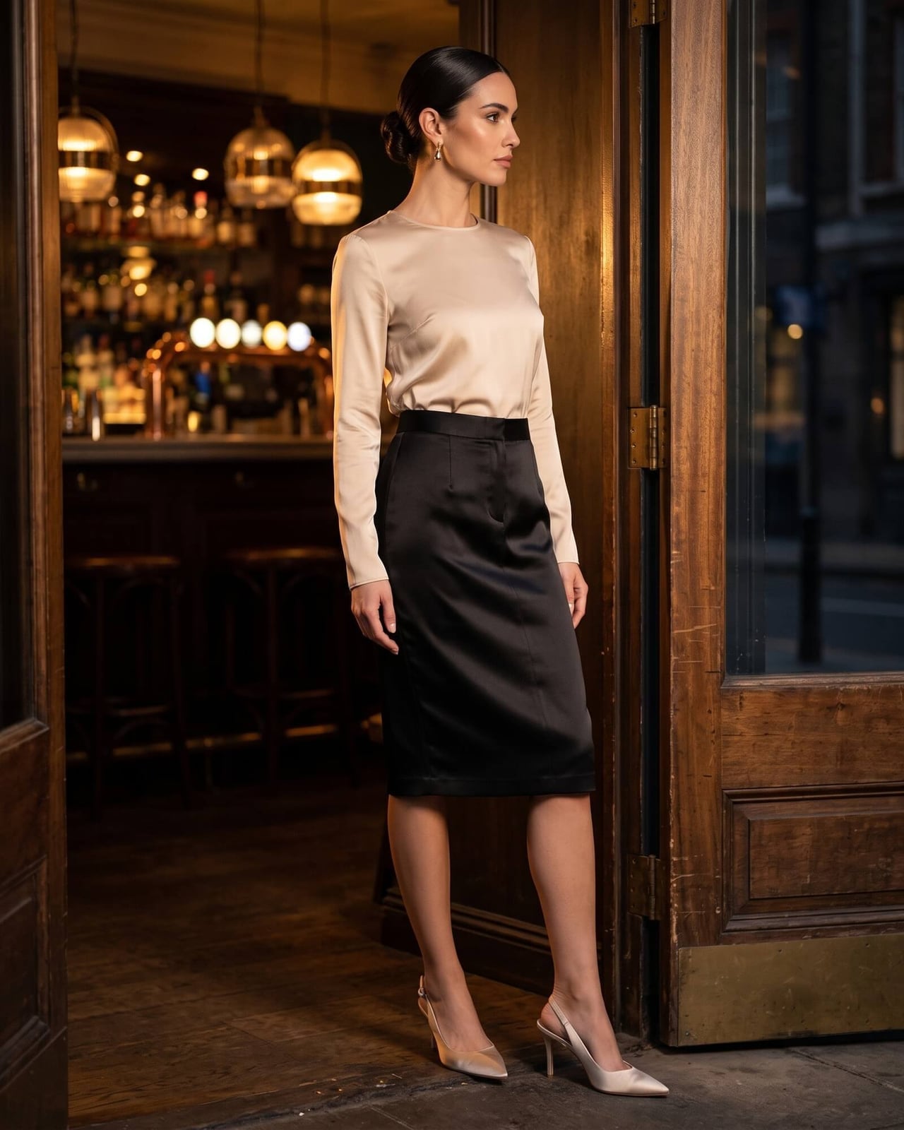 Black Satin Skirt With Champagne Blouse — Simple Pencil Skirt Outfits