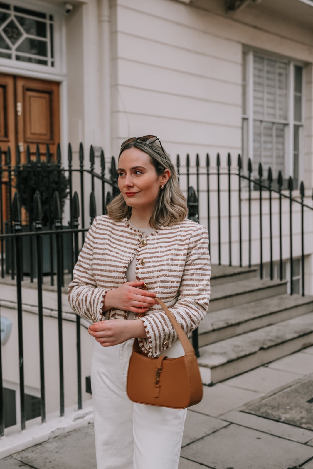 Tweed Jacket with White Trousers Tweed Jacket with White Trousers — Simple Petite Outfits