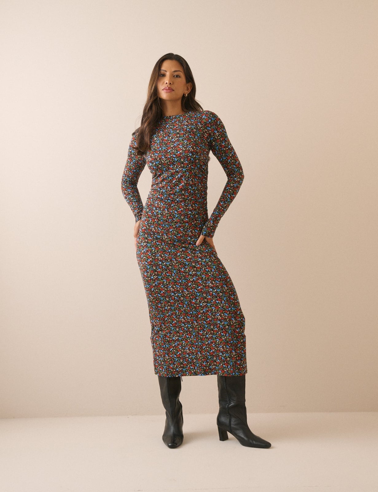 Floral Print Midi Dress with Leather Boots Floral Print Midi Dress with Leather Boots — Simple Petite Outfits