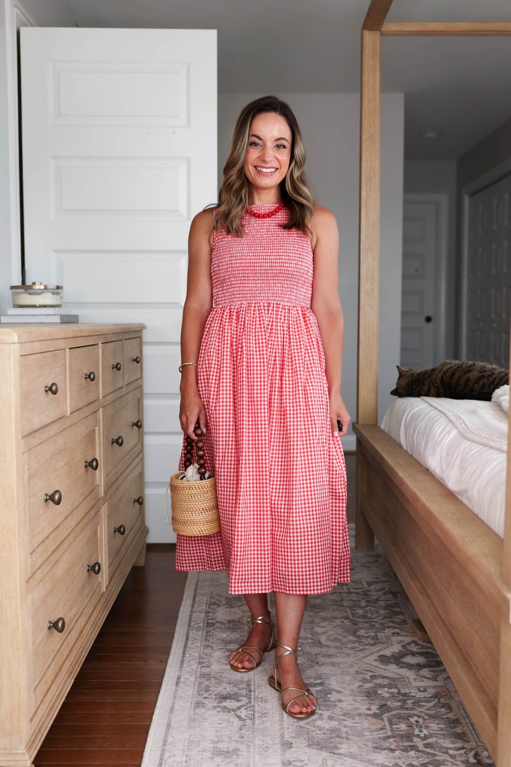 Gingham Smocked Dress and Straw Bag Gingham Smocked Dress and Straw Bag — Simple Petite Outfits