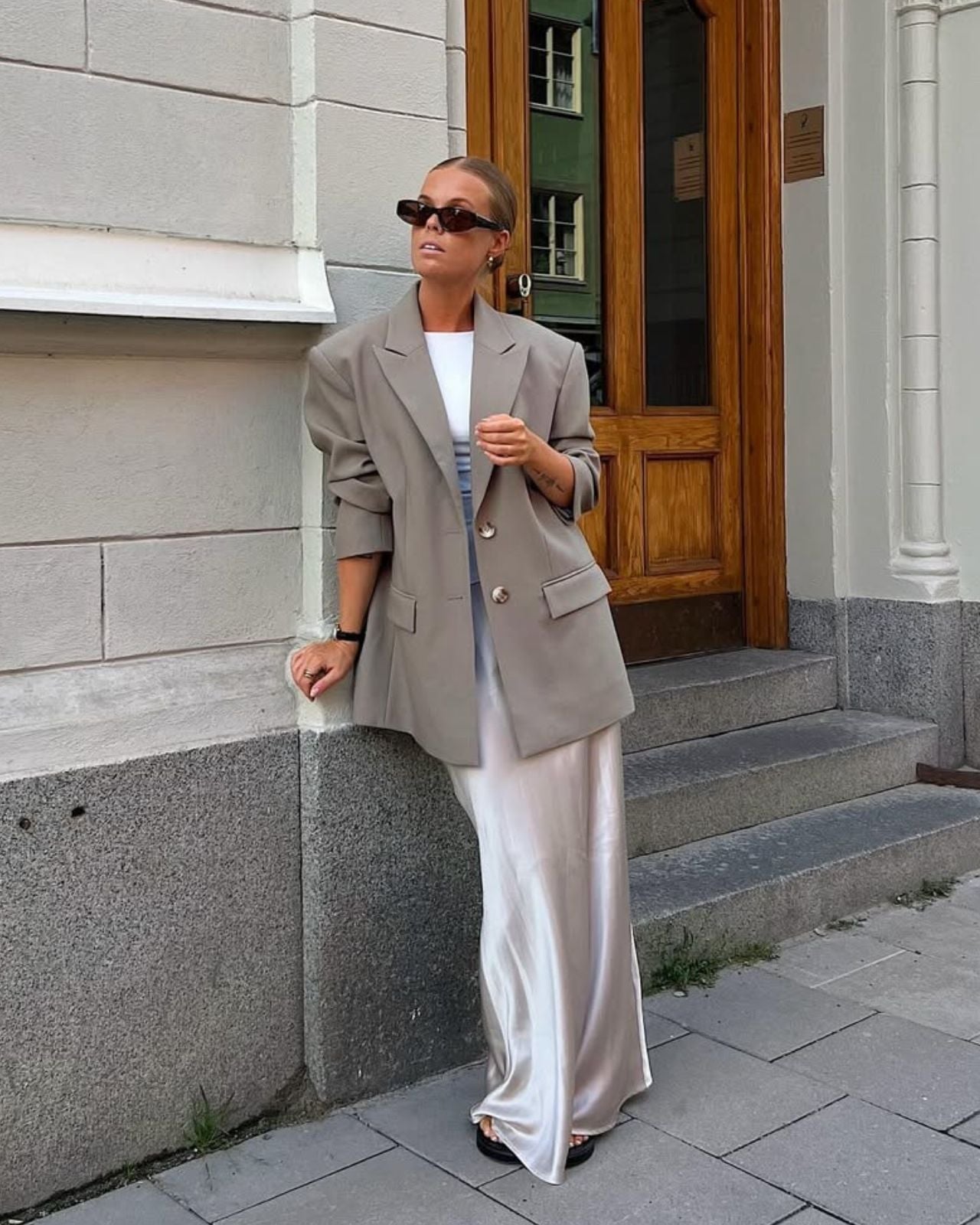 Taupe Blazer with Silver Slip Dress Taupe Blazer with Silver Slip Dress — Simple Petite Outfits