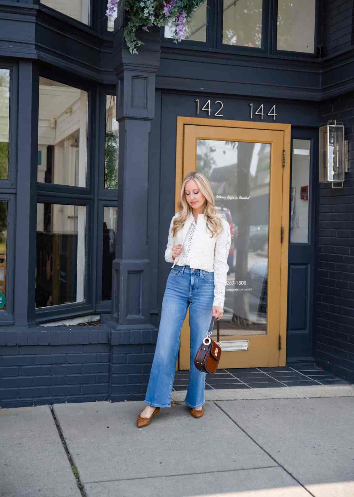 Wide Leg Jeans with Lace Trim Blouse Wide Leg Jeans with Lace Trim Blouse — Simple Petite Outfits