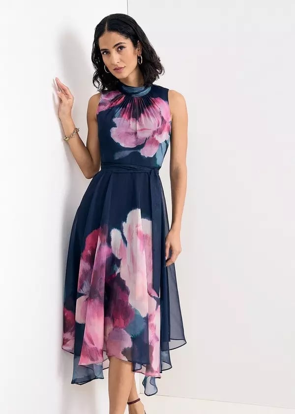 Floral Print Midi Dress with Pleated Neckline Floral Print Midi Dress with Pleated Neckline — Simple Petite Outfits