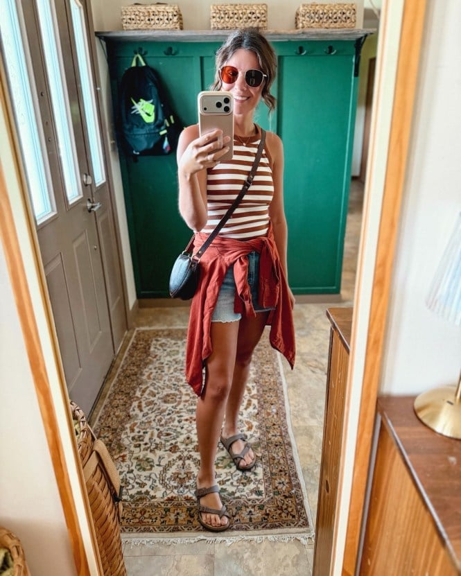 Striped Tank Top Denim Shorts and Red Shirt Striped Tank Top Denim Shorts and Red Shirt — Simple Petite Outfits