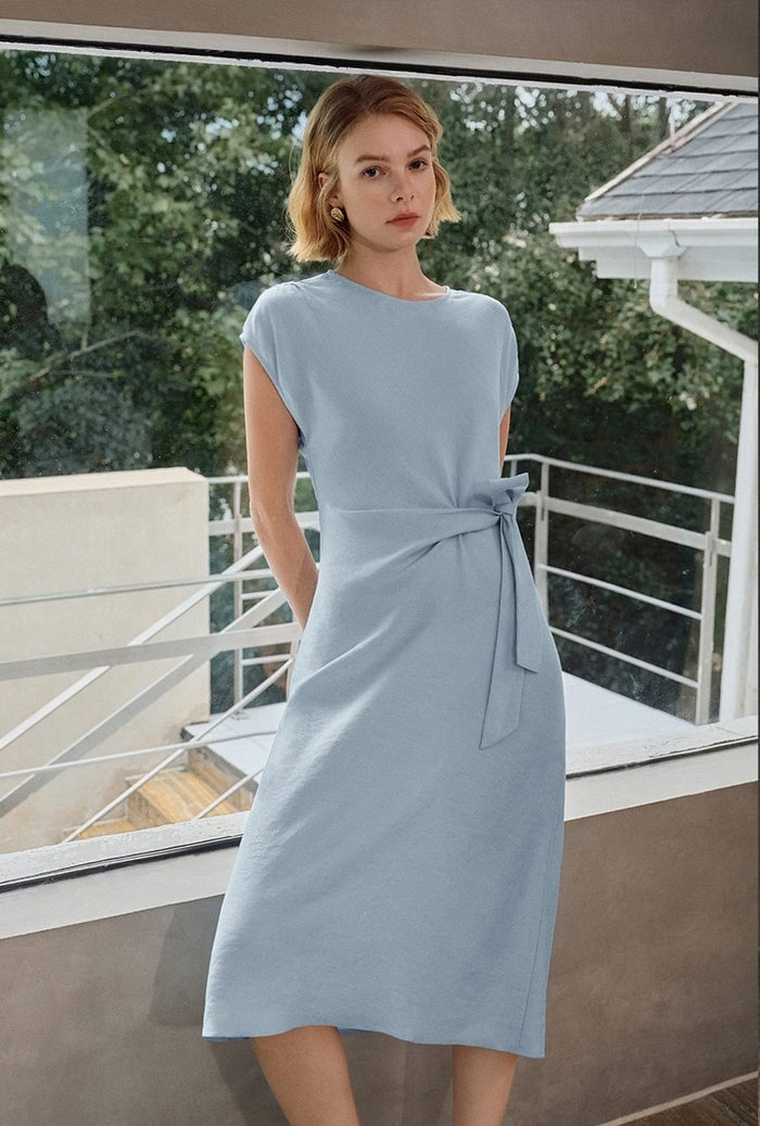 Light Blue Knit Dress with Tie Belt and Creating A Defined Silhouette Light Blue Knit Dress with Tie Belt and Creating A Defined Silhouette — Simple Petite Outfits