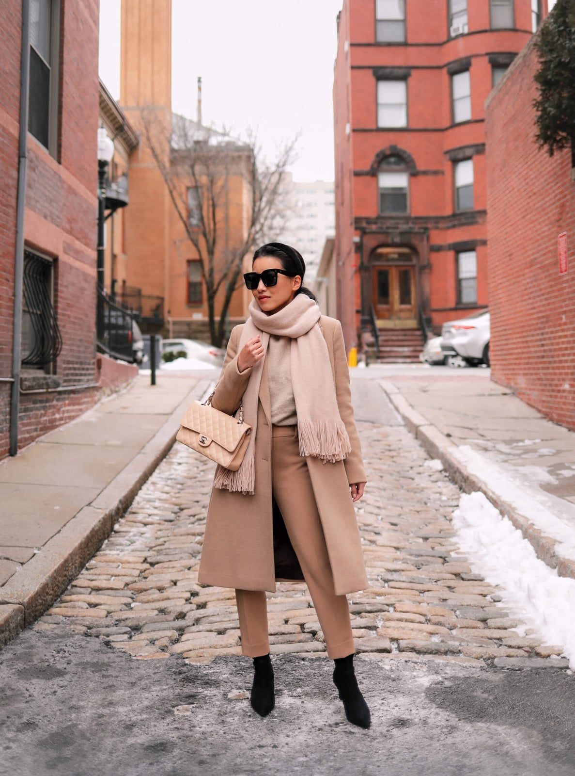 Monochromatic Camel Coat and Trousers Monochromatic Camel Coat and Trousers — Simple Petite Outfits