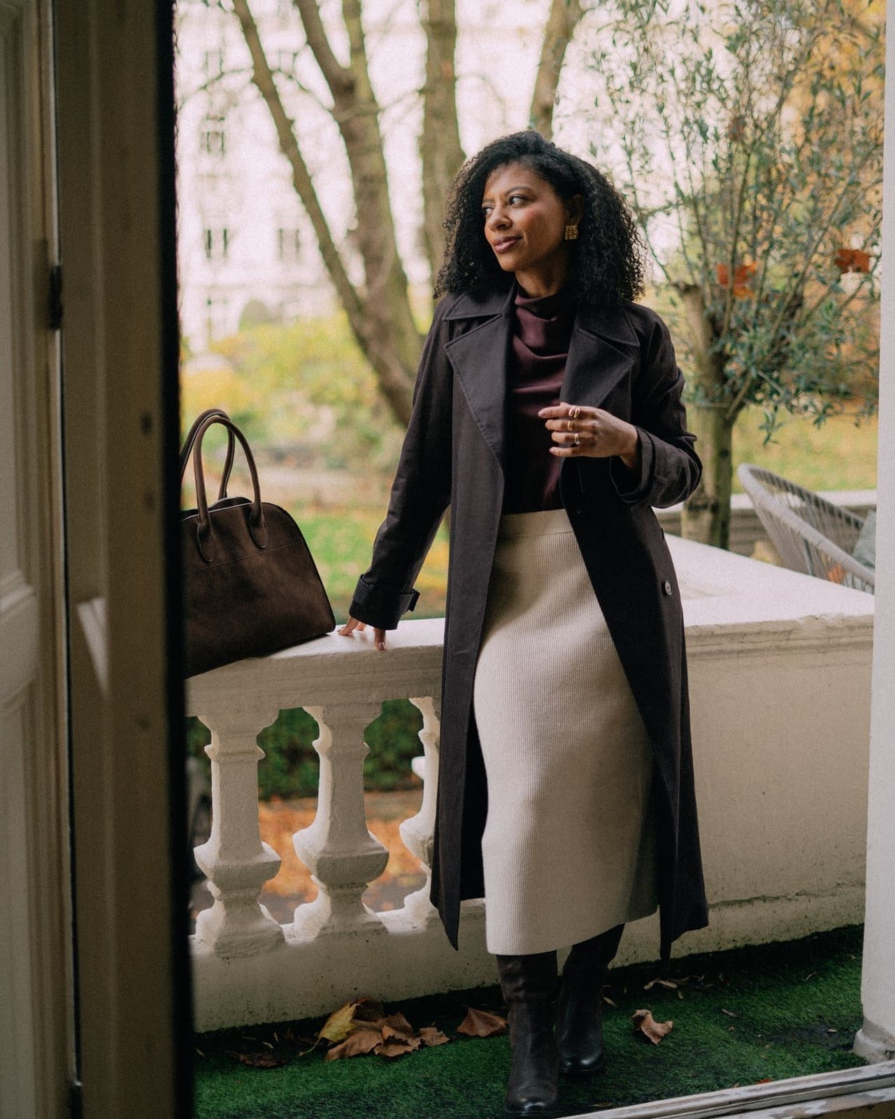 Trench Coat Silk Blouse and Midi Skirt Trench Coat Silk Blouse and Midi Skirt — Simple Petite Outfits