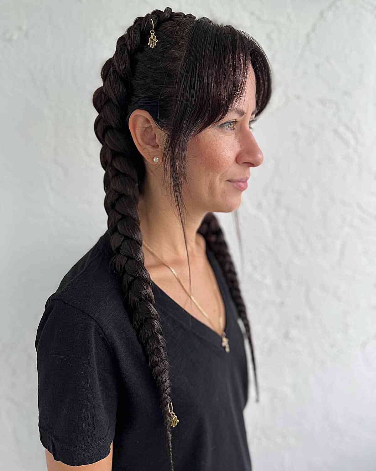 Dark Brown Dutch Braids With Clips, Mid-Back Dark Brown Dutch Braids With Clips, Mid-Back — Simple Pigtails Braids