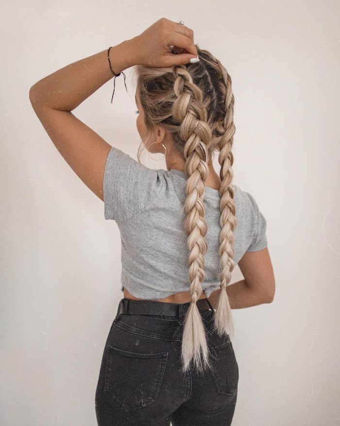 Textured Ash Blonde Pigtail Braids, Mid-Back Textured Ash Blonde Pigtail Braids, Mid-Back — Simple Pigtails Braids