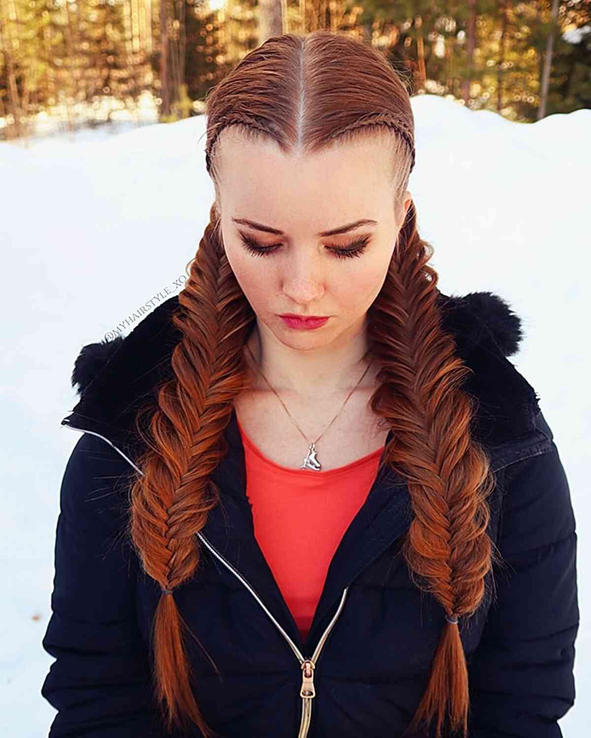 Auburn Fishtail Pigtail Braids Auburn Fishtail Pigtail Braids — Simple Pigtails Braids