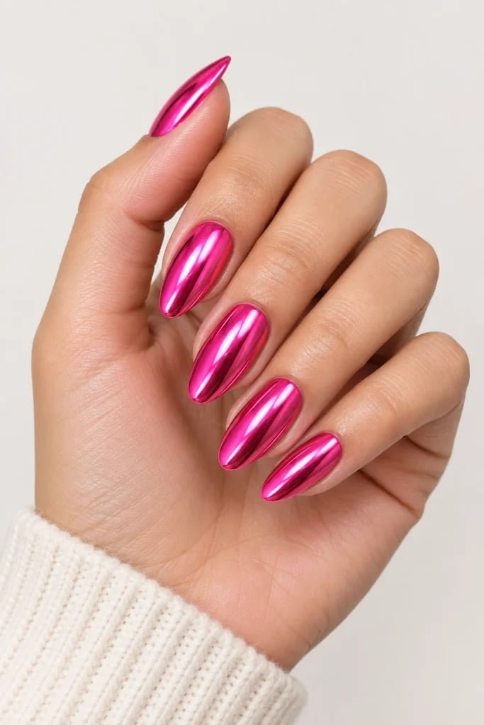 Vibrant Hot Pink Chrome Almond Nails Vibrant Hot Pink Chrome Almond Nails — Simple Pink Chrome Nails