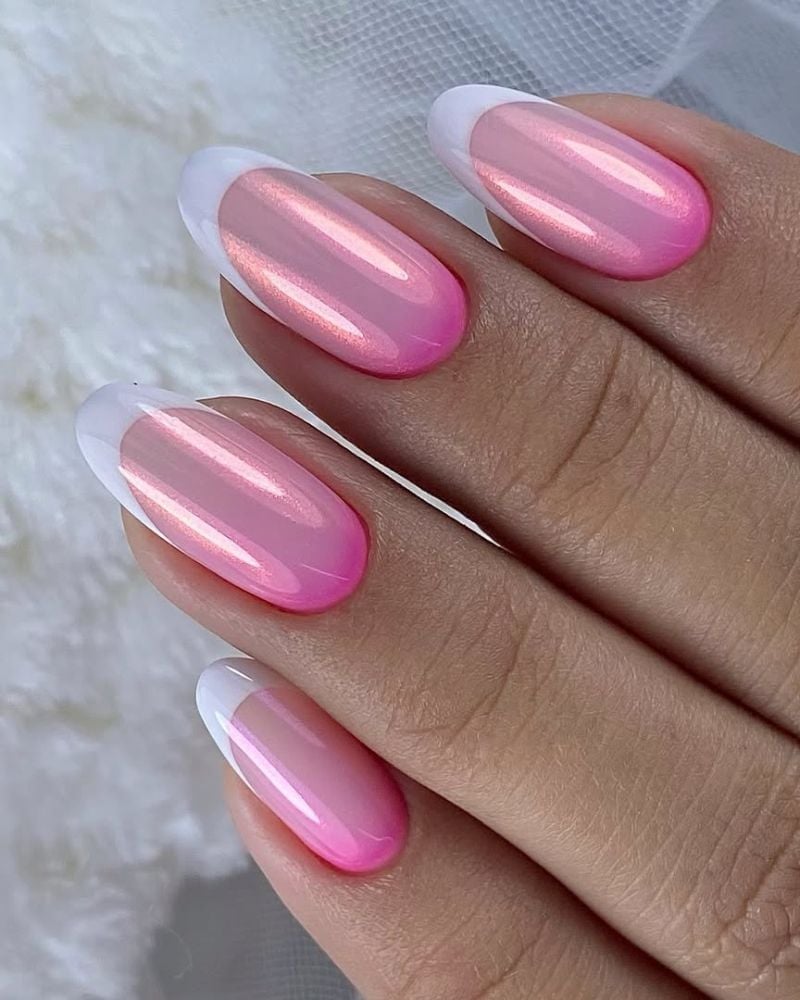 Medium Almond Soft Pink Pearlescent Chrome With полное покрытие Medium Almond Soft Pink Pearlescent Chrome With полное покрытие — Simple Pink Chrome Nails
