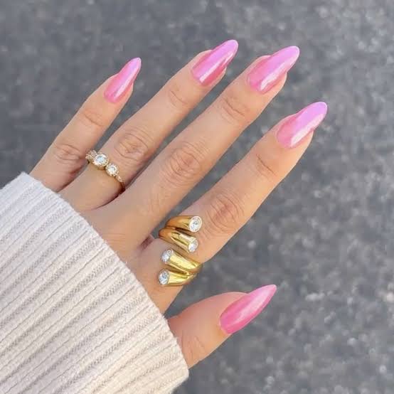 Bright Pink Chrome Almond Nails With Pearlescent Sheen Bright Pink Chrome Almond Nails With Pearlescent Sheen — Simple Pink Chrome Nails
