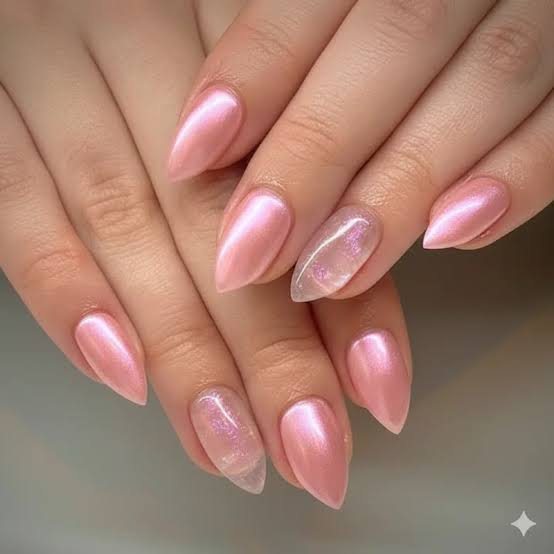 Short Almond Medium Pink Chrome Finish Short Almond Medium Pink Chrome Finish — Simple Pink Chrome Nails