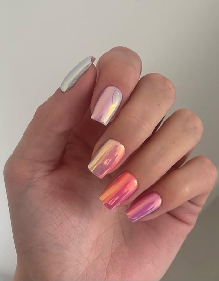 Short Square Pink Orange Yellow Chrome Gradient Short Square Pink Orange Yellow Chrome Gradient — Simple Pink Chrome Nails