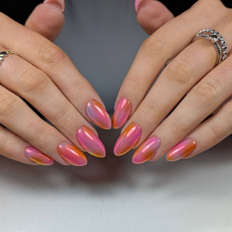 Long Almond Pink Chrome With Orange Yellow Shifts Long Almond Pink Chrome With Orange Yellow Shifts — Simple Pink Chrome Nails