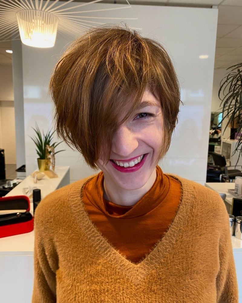 Copper Pixie Bob With Asymmetrical Bangs — Simple Pixie Bob